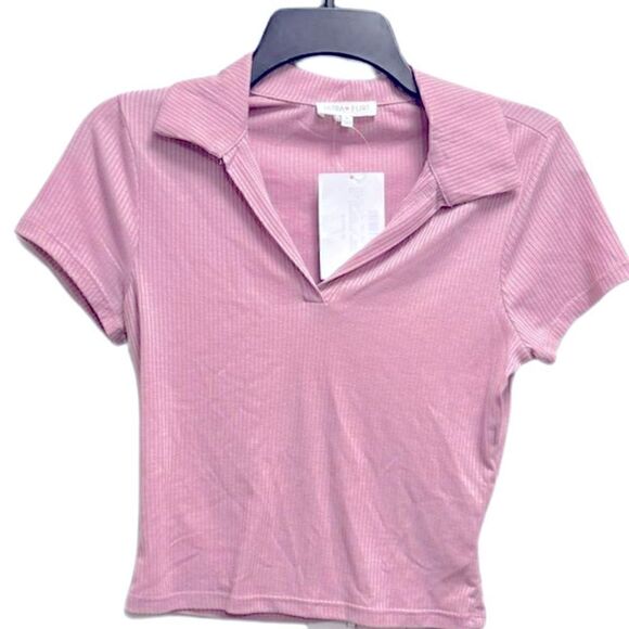 ULTRA FLIRT Ribbed Polo T-Shirt Juniors' M Pink Dawn Collared V-neck Pullover - Picture 4 of 8